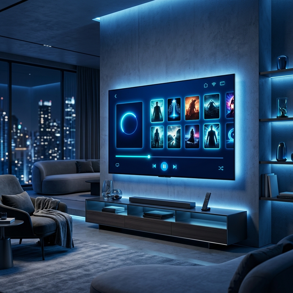 Plu Player running on a modern smart TV in a premium home setup